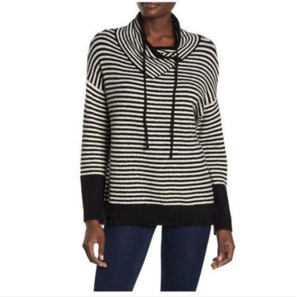Philosophy Black And White Striped Funnel‎ Neck Pullover Sweater